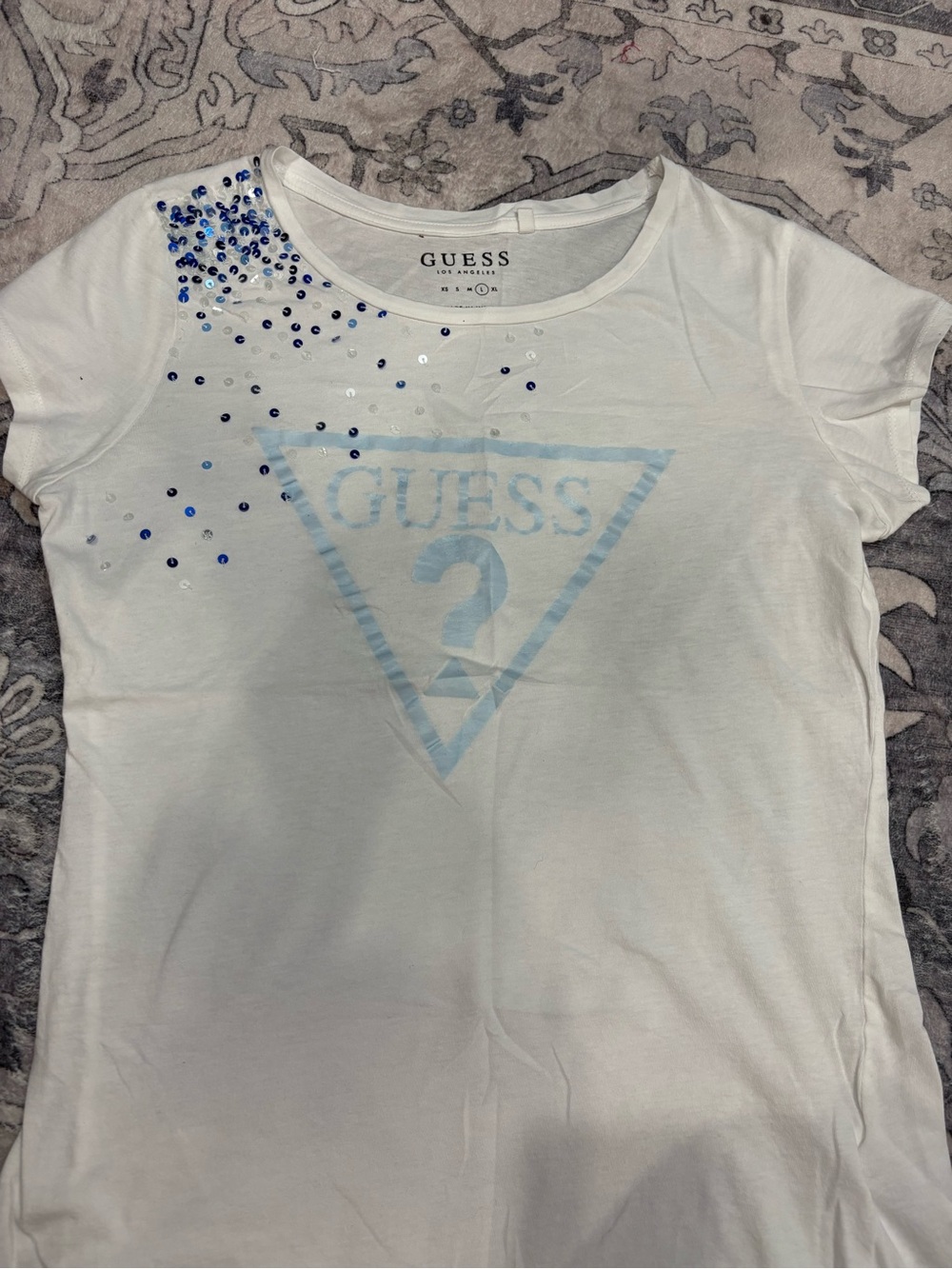GUESS White Tee with Blue Rhinestones